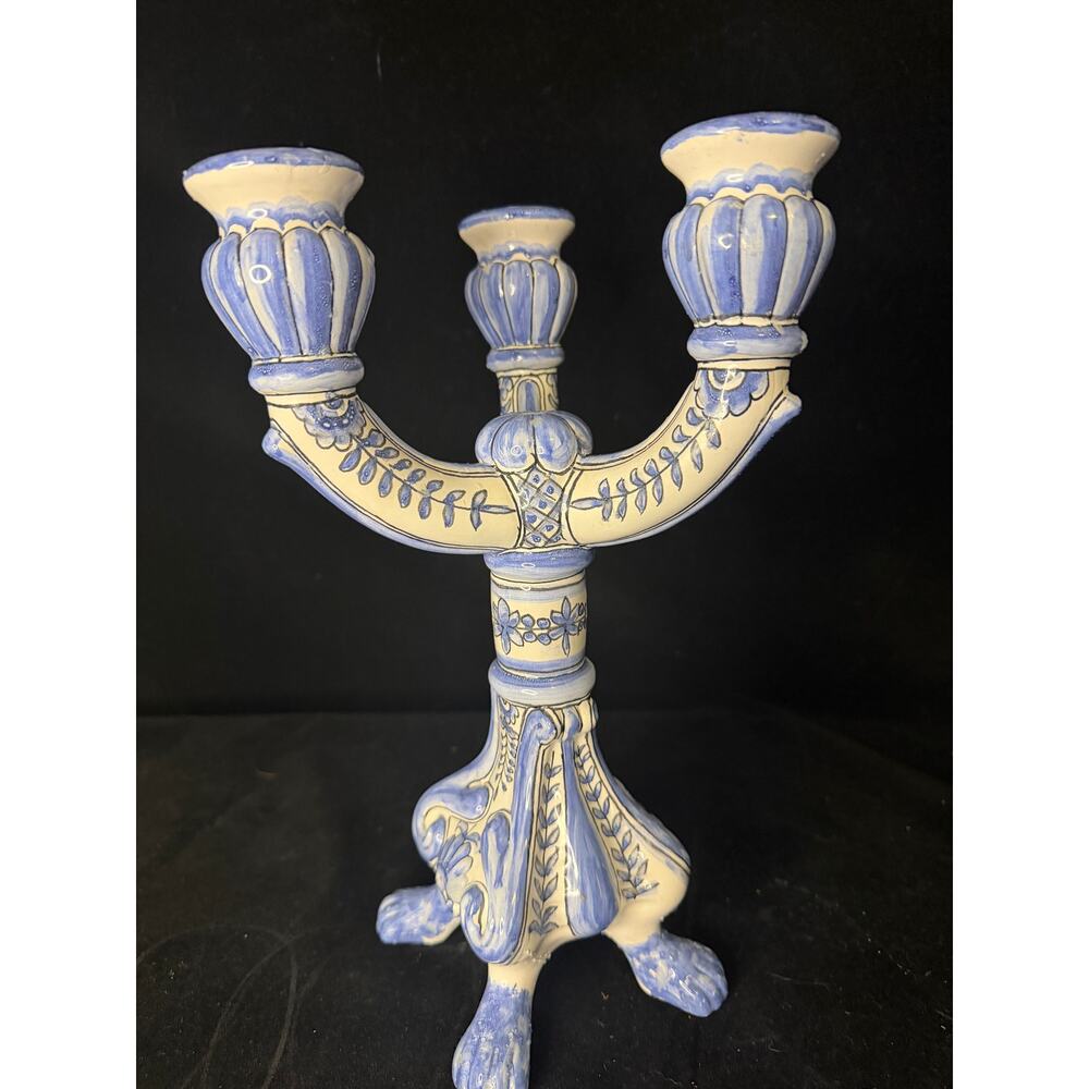 Vintage 11.5” Berardos Hand Painted Portuguese Pottery Candelabra  Blue & white